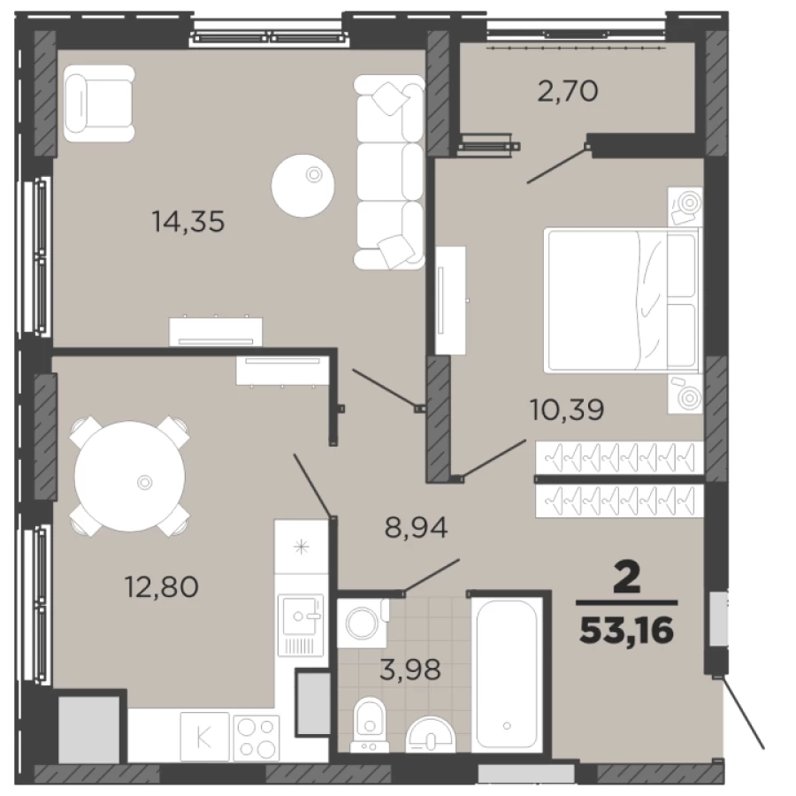 2-ая квартира площадью 53.16 м2 в ЖК Академика 3